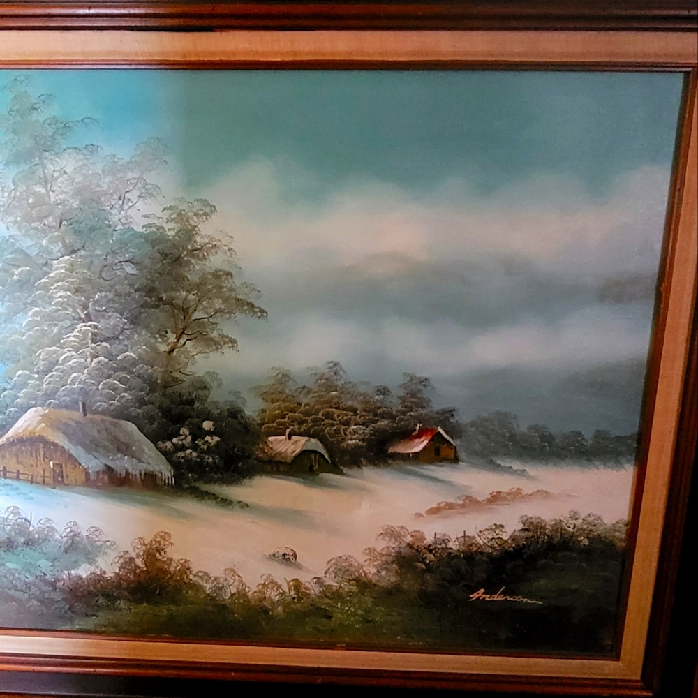 Antique Snowy Landscape Painting signed Anderson